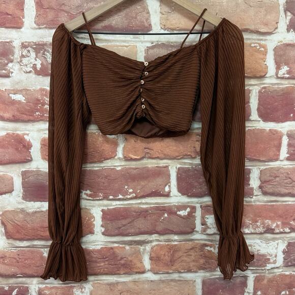 Zara Tops - Zara Crop Top Shirt Women's Small Brown Boho Festival Romantic Pleated Button Up